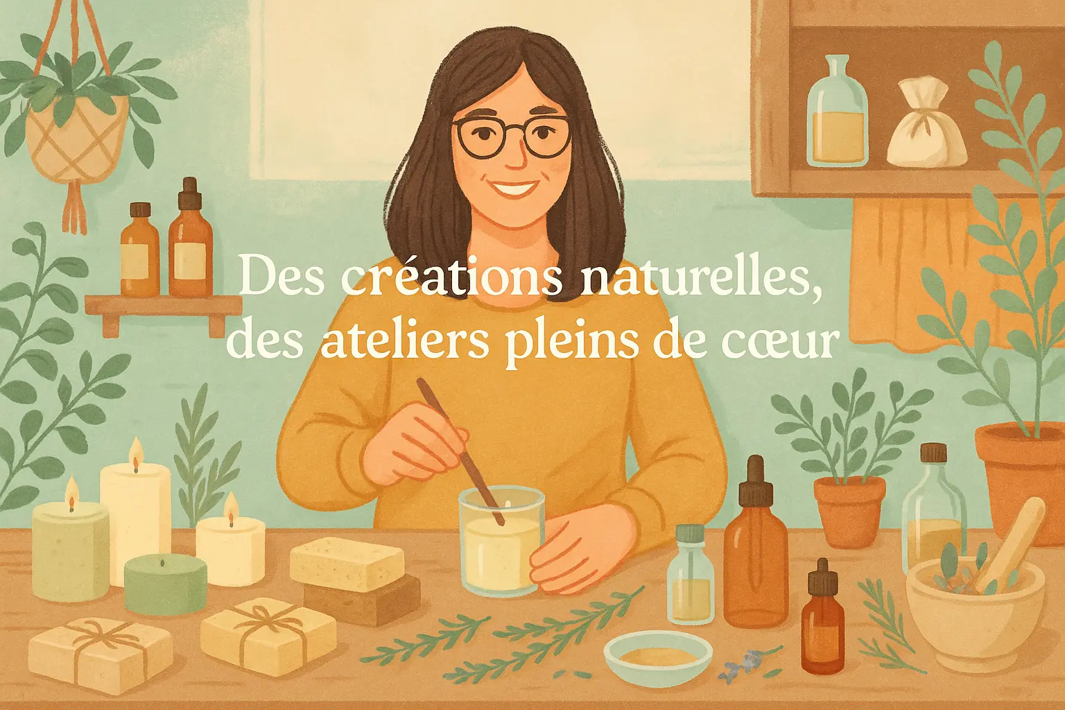 llustration d’une femme souriante dans son atelier, réalisant des bougies naturelles à la main. Autour d’elle, des savons artisanaux, des plantes médicinales et des huiles essentielles créent une ambiance chaleureuse et écologique. Une scène douce et inspirante qui incarne l’univers DIY, bio et bienveillant des Ateliers de Cat.